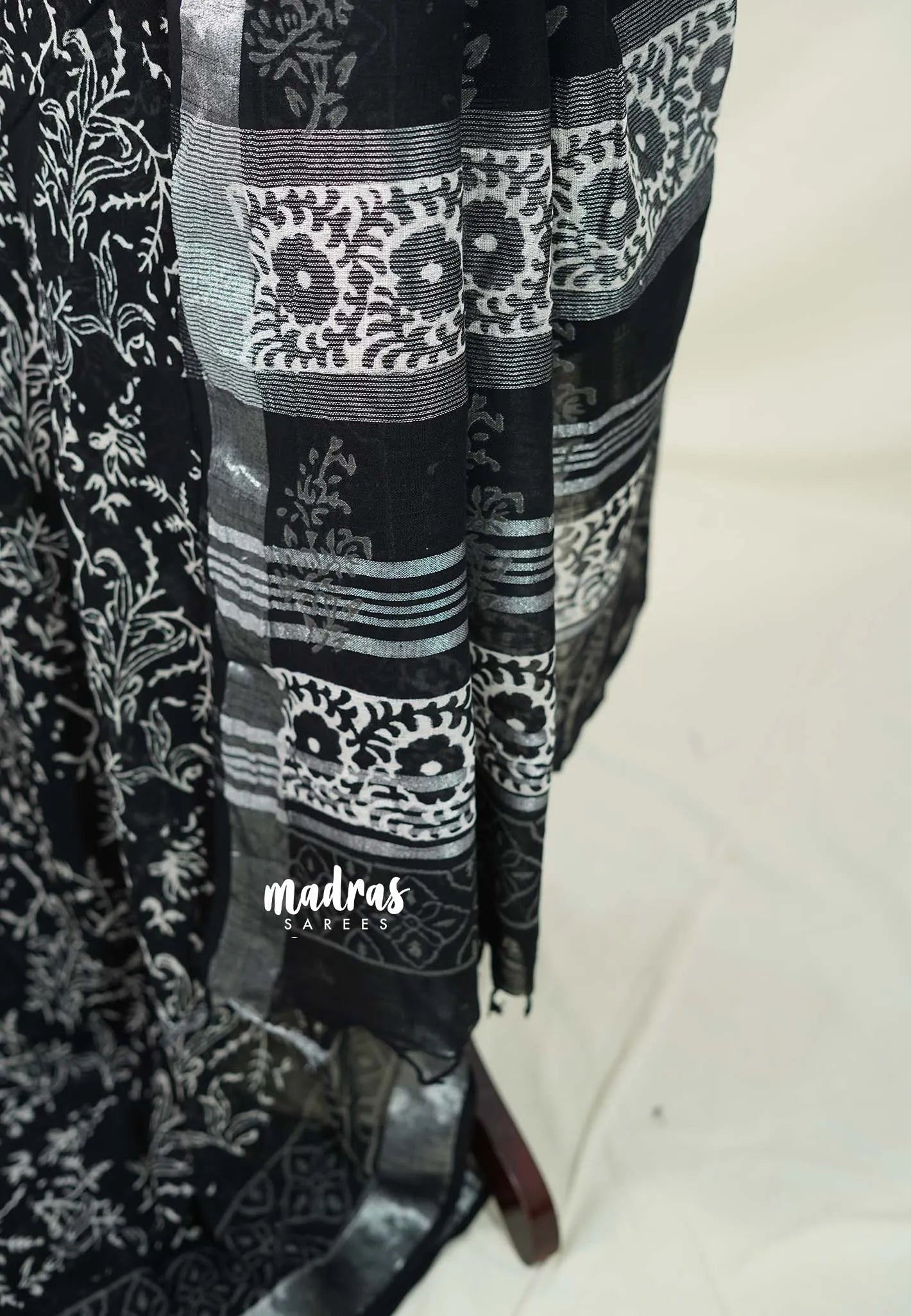 Jet Black - Pure Linen Cotton Saree with Silver Border - Perfect for Office Wear | Casual Wear | Summer