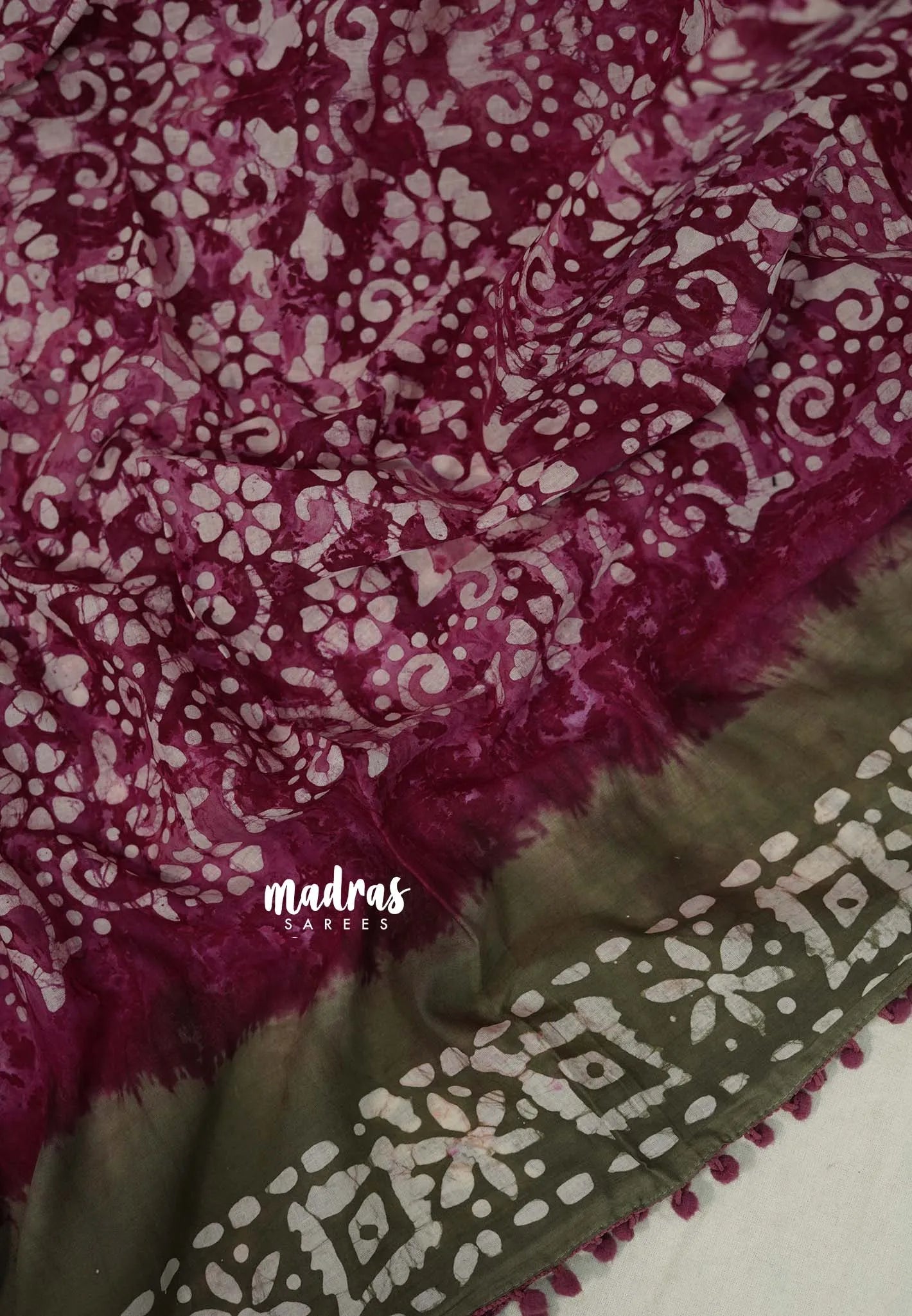 Beet Pink - Pure Mul Cotton Saree with Batik Prints with Pompom - Perfect for Office Wear | Casual Wear