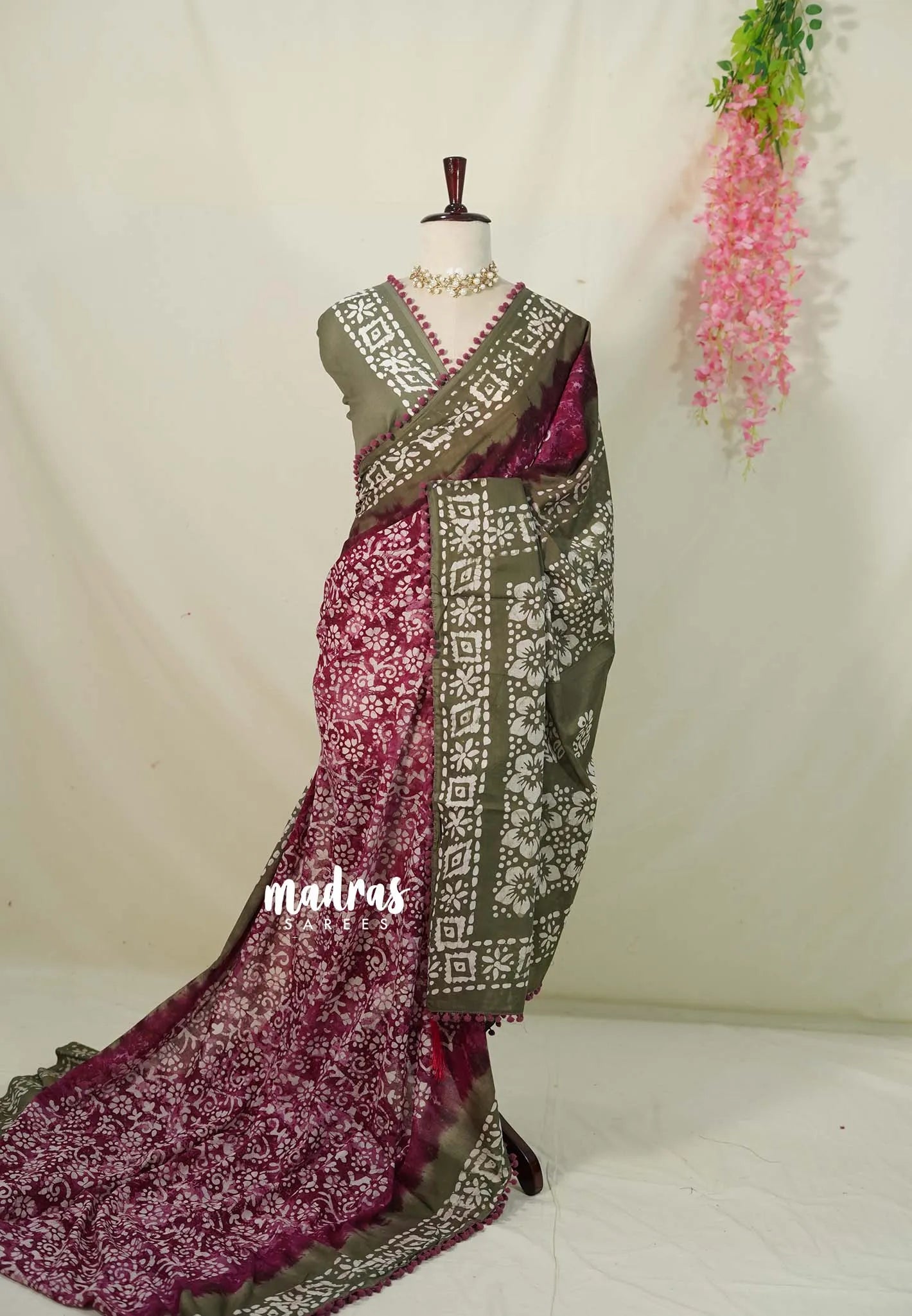 Beet Pink - Pure Mul Cotton Saree with Batik Prints with Pompom - Perfect for Office Wear | Casual Wear