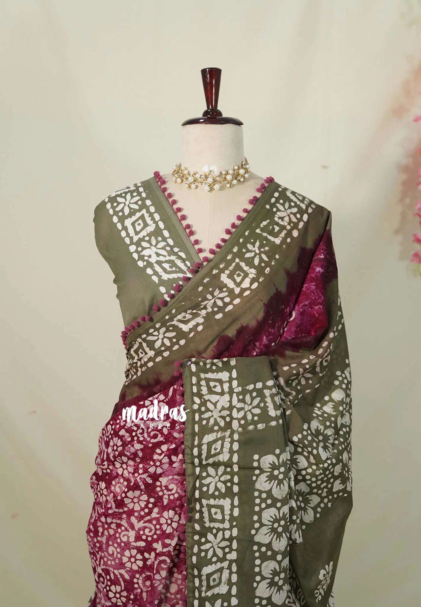 Beet Pink - Pure Mul Cotton Saree with Batik Prints with Pompom - Perfect for Office Wear | Casual Wear