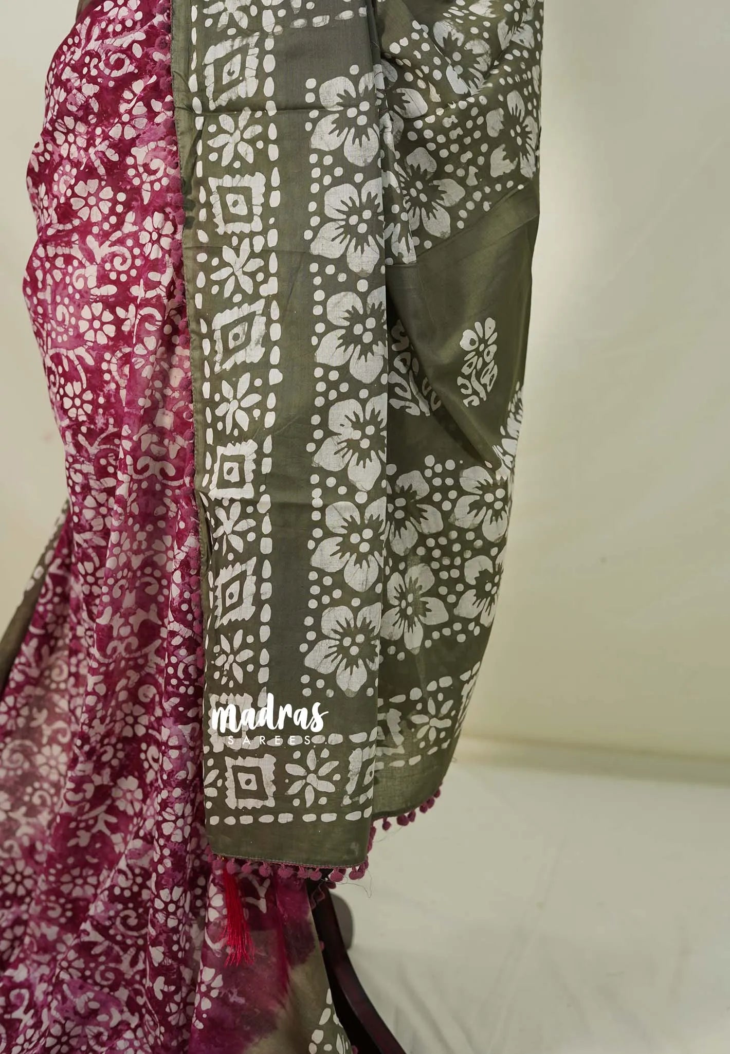 Beet Pink - Pure Mul Cotton Saree with Batik Prints with Pompom - Perfect for Office Wear | Casual Wear