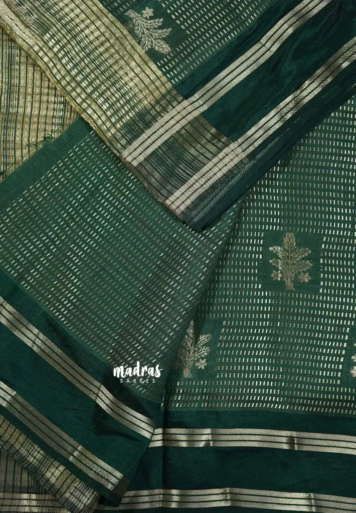Dark Green - Raaga  semi tussar Saree with rettapet border full silver weaving boday