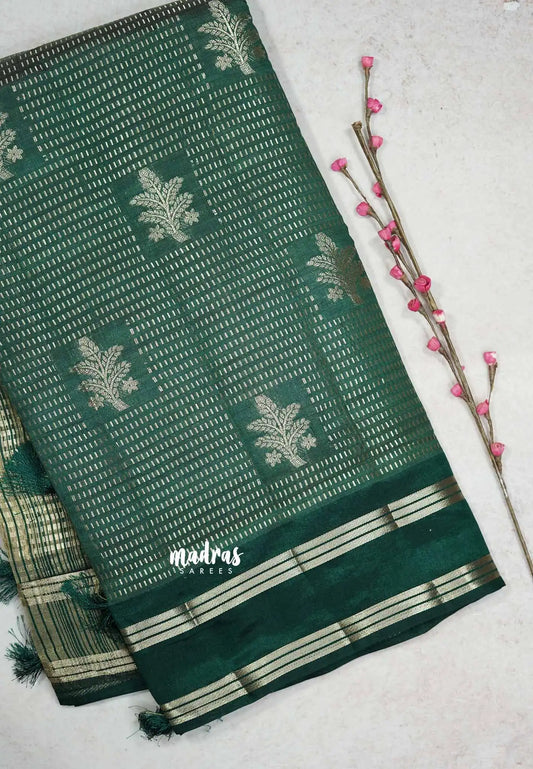 Dark Green - Raaga  semi tussar Saree with rettapet border full silver weaving boday