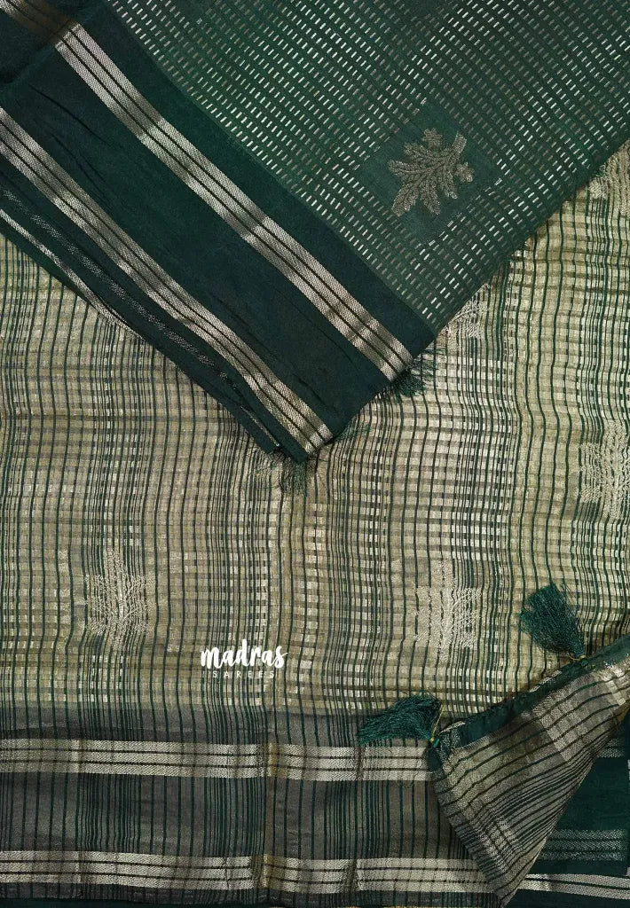 Dark Green - Raaga  semi tussar Saree with rettapet border full silver weaving boday
