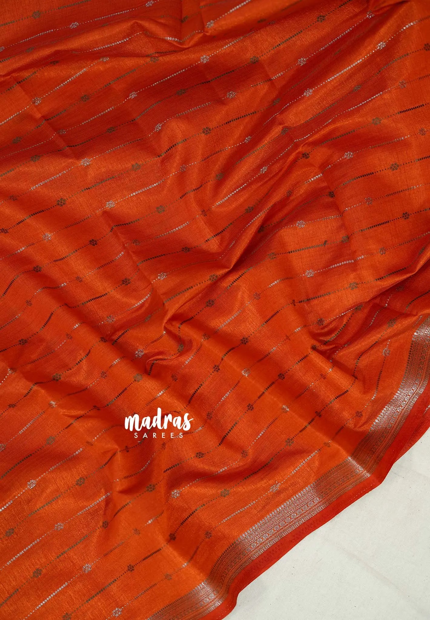 Dark Rust Orange - Raaga - Semi Tussar Saree - Antique Silver Weaving Body with Small Border - Best for Small Functions