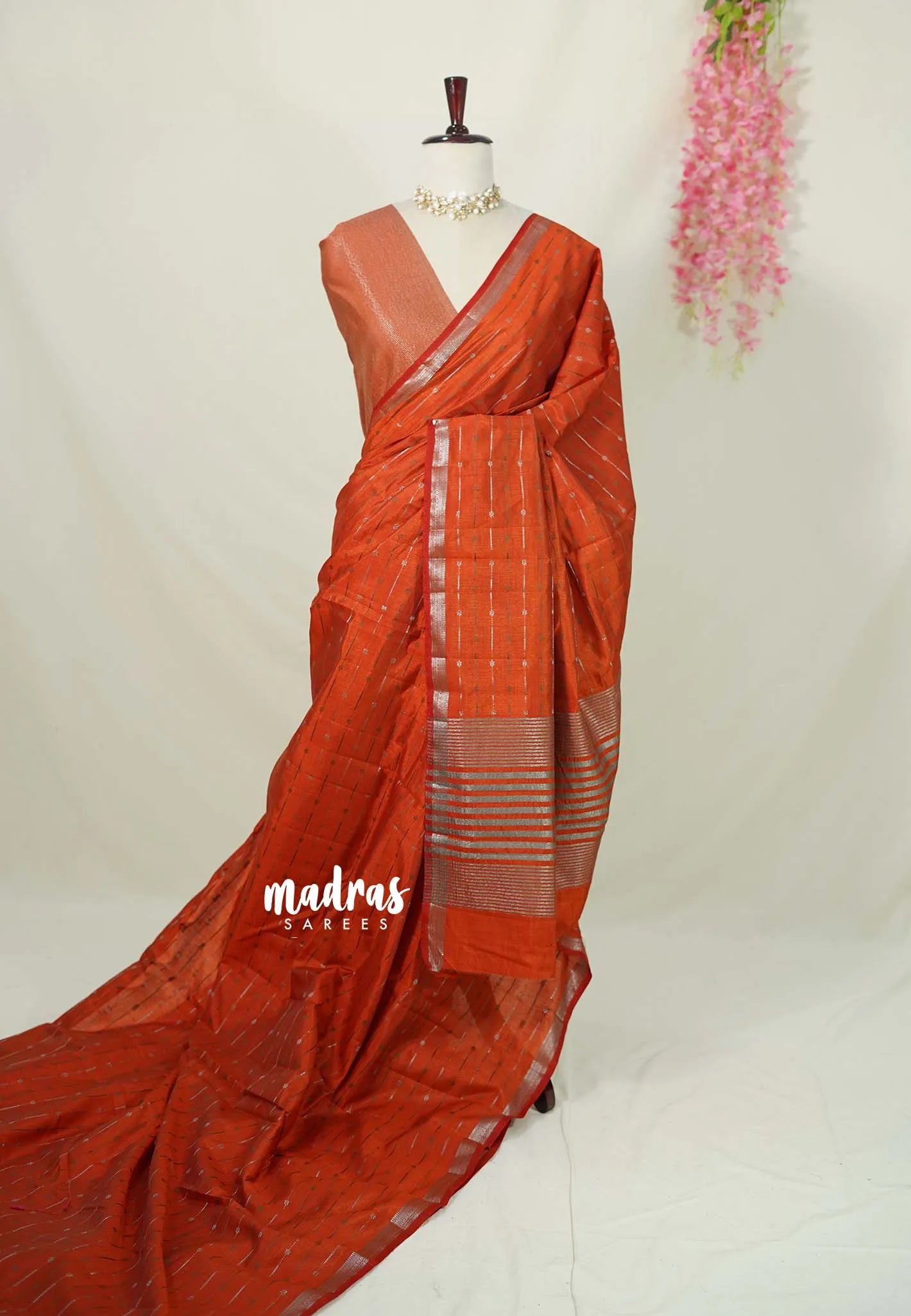 Dark Rust Orange - Raaga - Semi Tussar Saree - Antique Silver Weaving Body with Small Border - Best for Small Functions