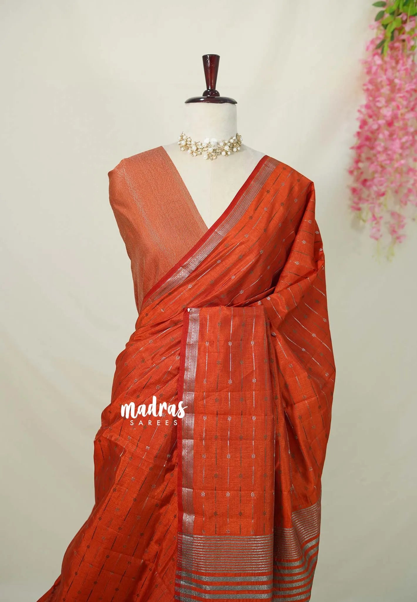 Dark Rust Orange - Raaga - Semi Tussar Saree - Antique Silver Weaving Body with Small Border - Best for Small Functions