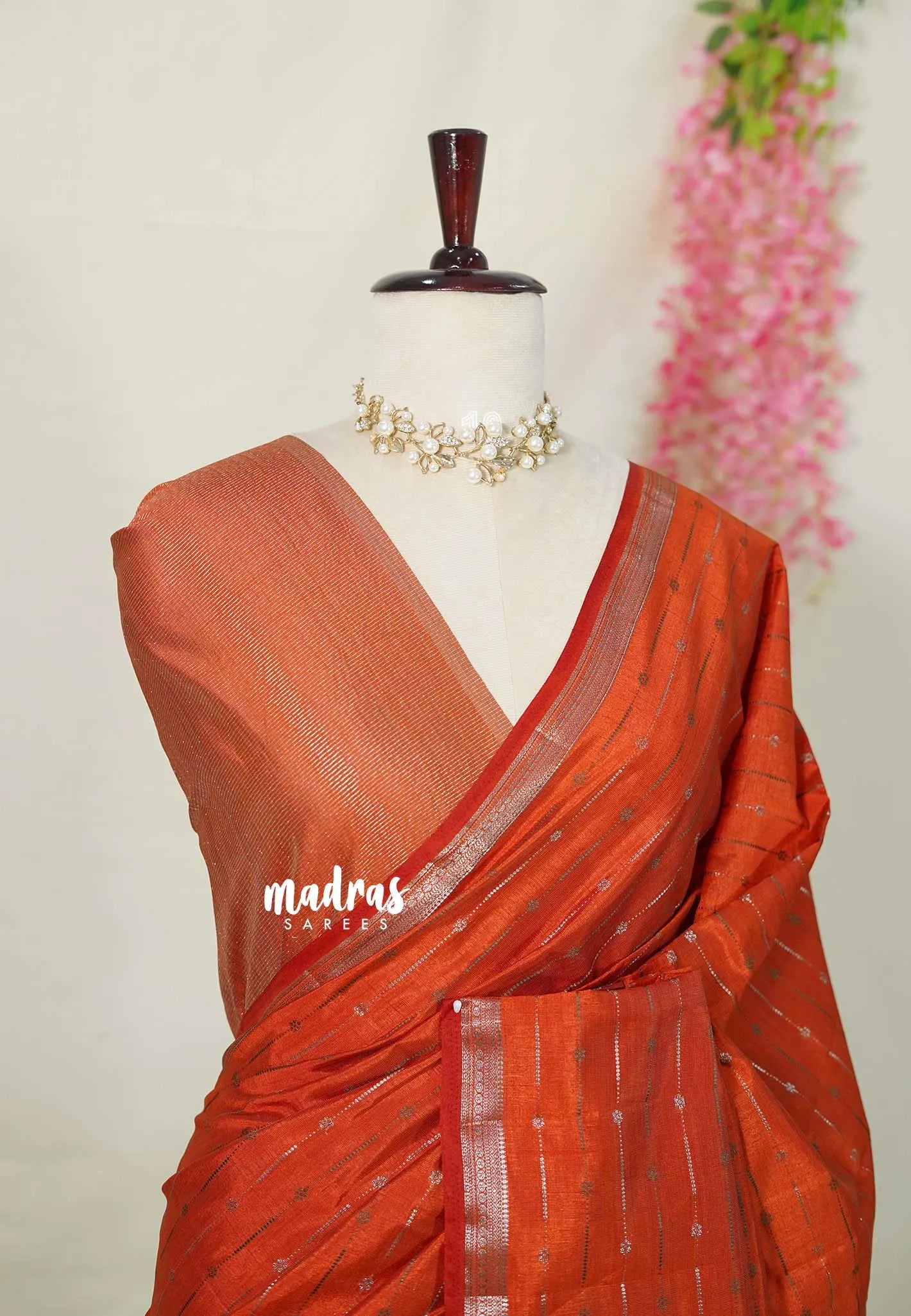 Dark Rust Orange - Raaga - Semi Tussar Saree - Antique Silver Weaving Body with Small Border - Best for Small Functions