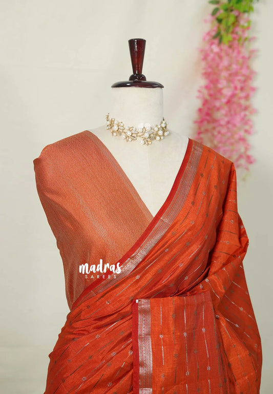 Dark Rust Orange - Raaga - Semi Tussar Saree - Antique Silver Weaving Body with Small Border - Best for Small Functions