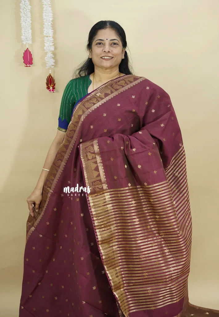 Dual Shade Wine Maroon - Raaga - Semi Tussar Saree with Mayil and Temple Thread Border