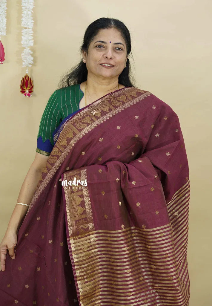 Dual Shade Wine Maroon - Raaga - Semi Tussar Saree with Mayil and Temple Thread Border