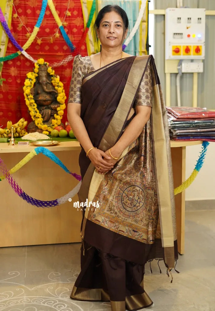 Brown - Roopa - Premium Chappa semi tussar Saree with Madhubani art pallu