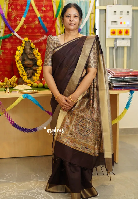 Brown - Roopa - Premium Chappa semi tussar Saree with Madhubani art pallu