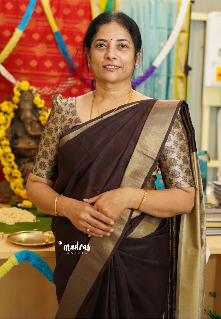 Brown - Roopa - Premium Chappa semi tussar Saree with Madhubani art pallu