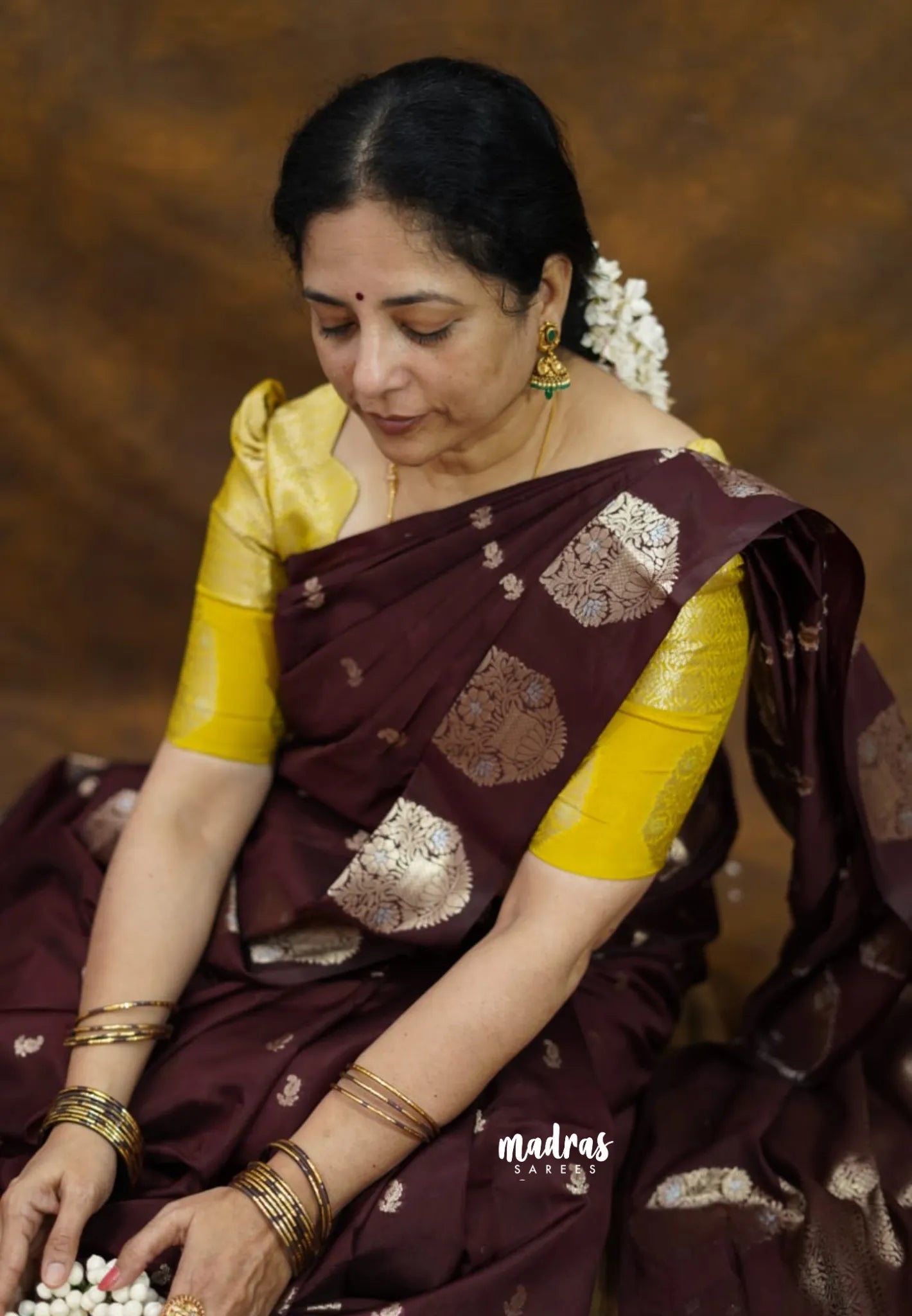 Coffee Brown - Vasantha Raagam - Banarasi mashru Silk cotton Saree with Antique Zari Border and buttas - Perfect for Wedding Wear