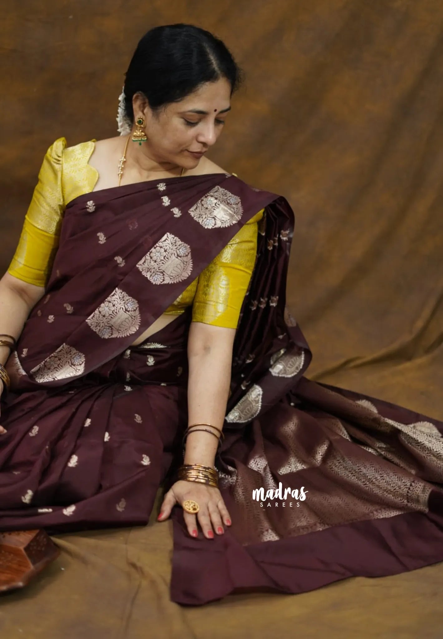 Coffee Brown - Vasantha Raagam - Banarasi mashru Silk cotton Saree with Antique Zari Border and buttas - Perfect for Wedding Wear
