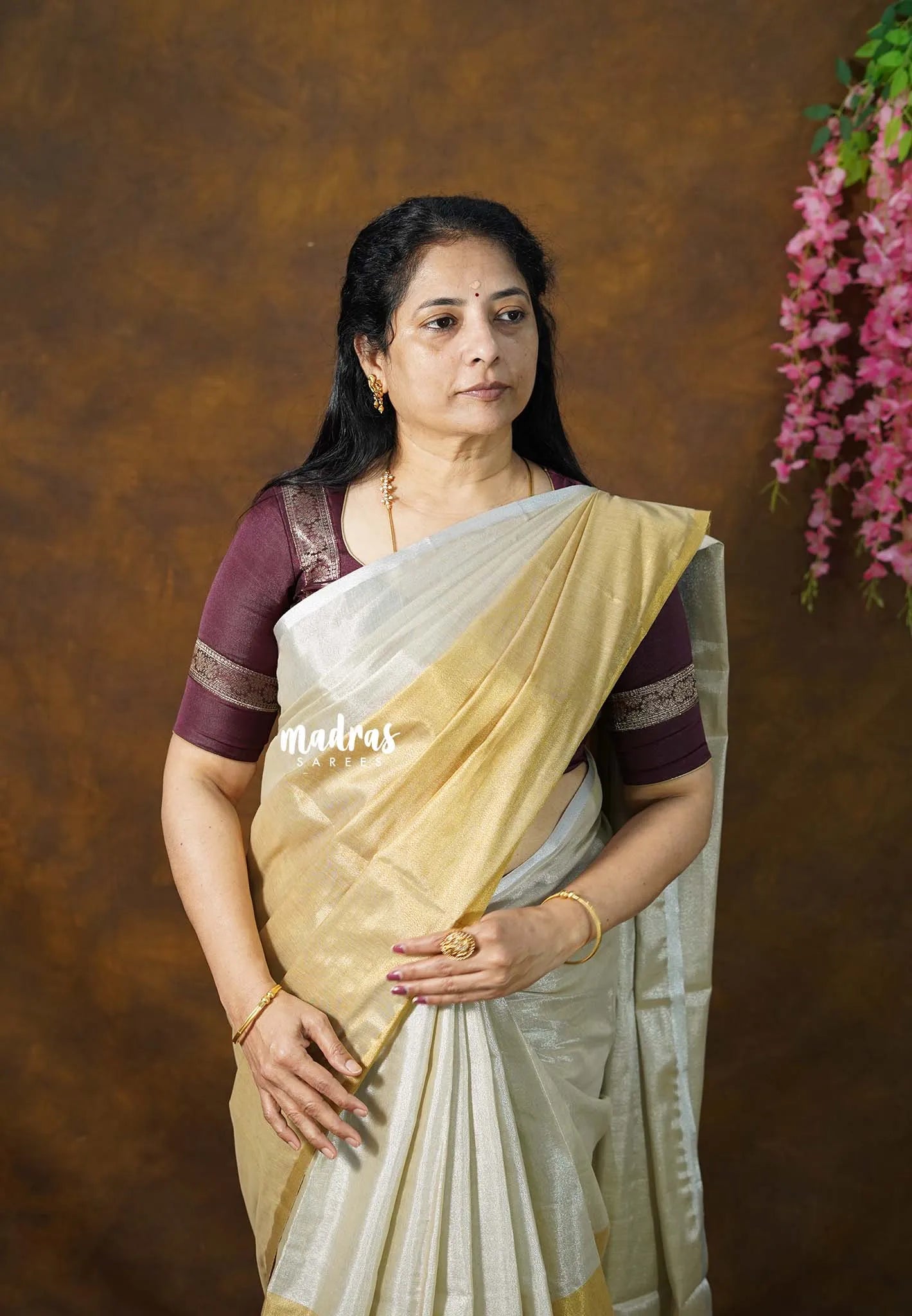MoonSun Blend - Kushboo half and half gold and silver tissue silk blend Saree - Best for Small Functions