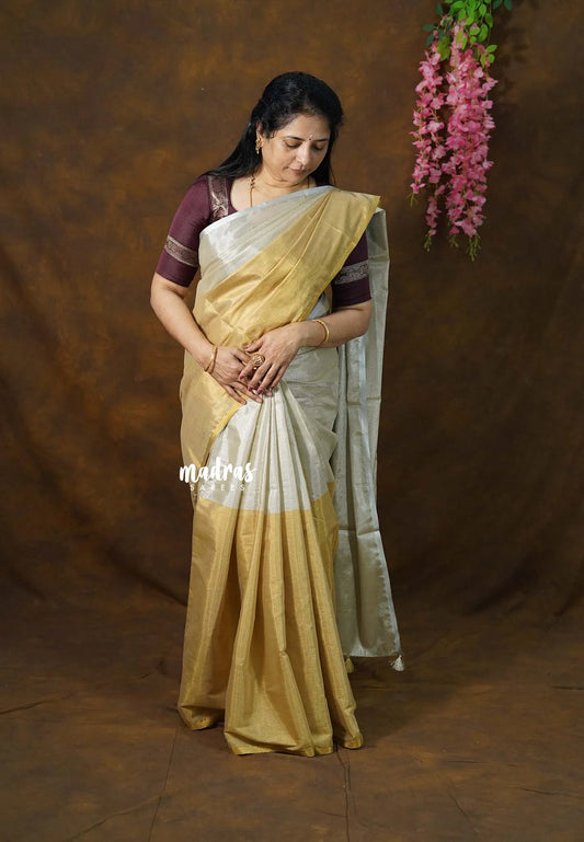 MoonSun Blend - Kushboo half and half gold and silver tissue silk blend Saree - Best for Small Functions