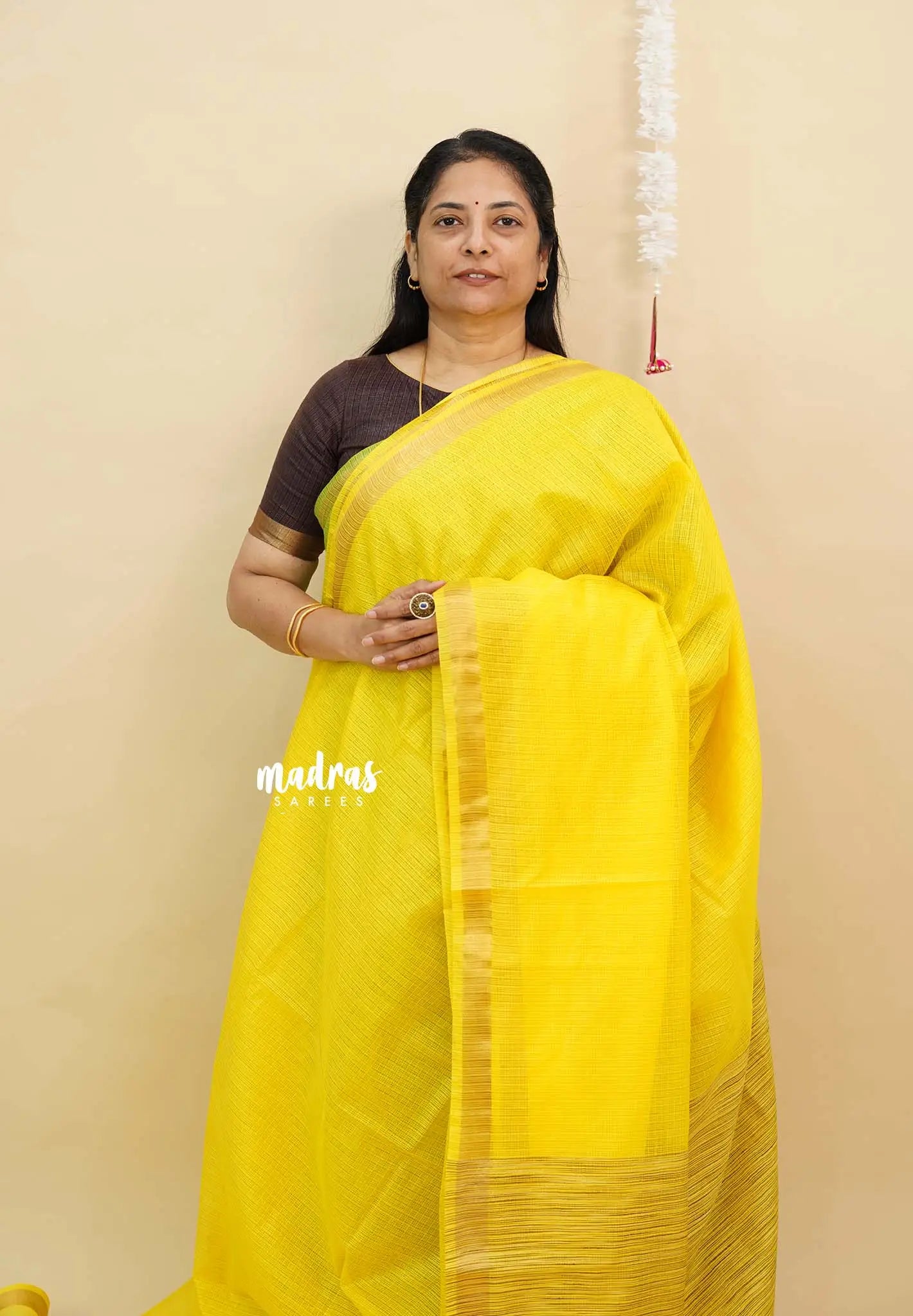 Lemon yellow - Shalini Premium kota cotton and silk blend Saree with Ghiccha pallu