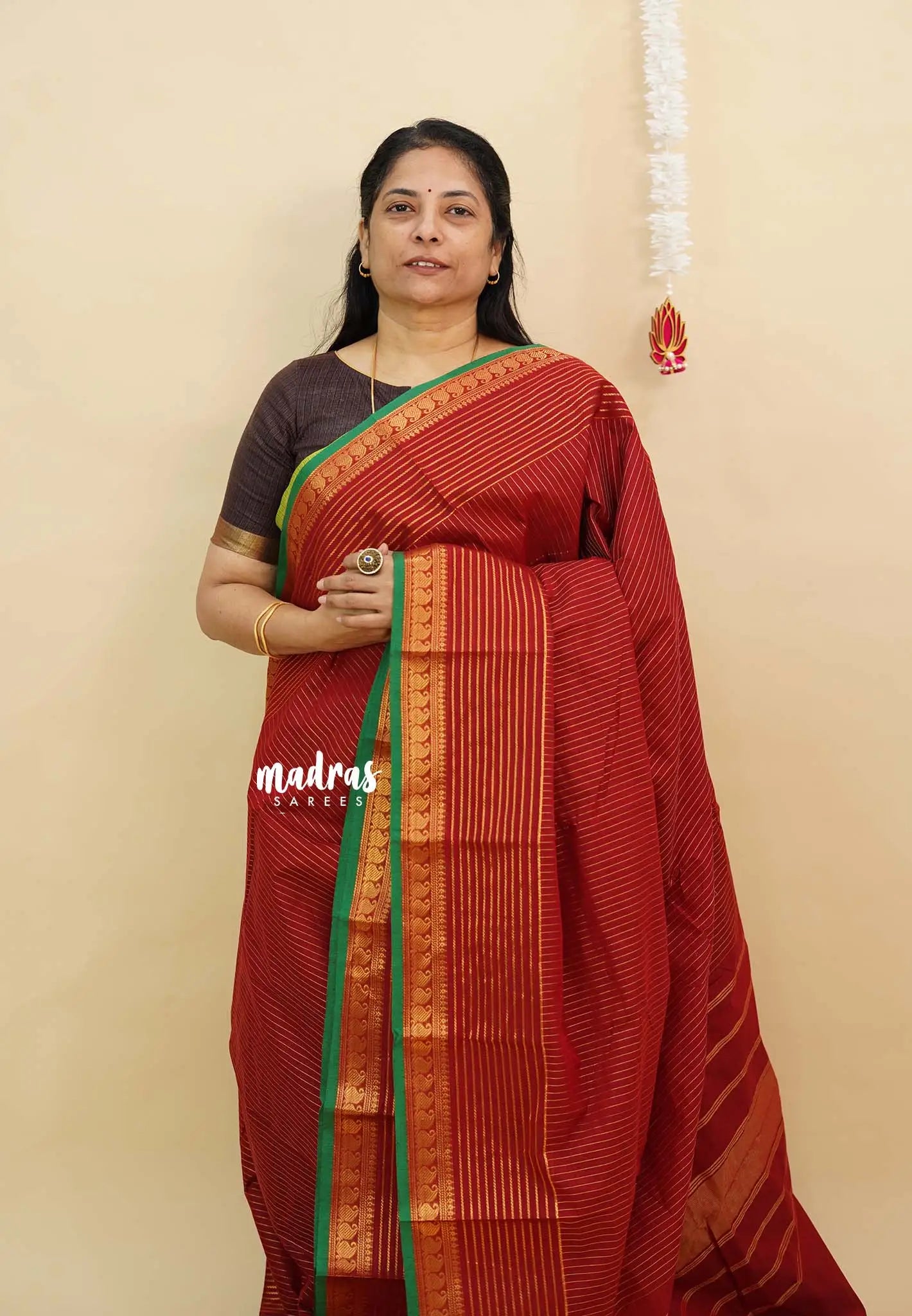 Kumkum Maroon - Karthigai silk cotton Saree with golden stripes weaving