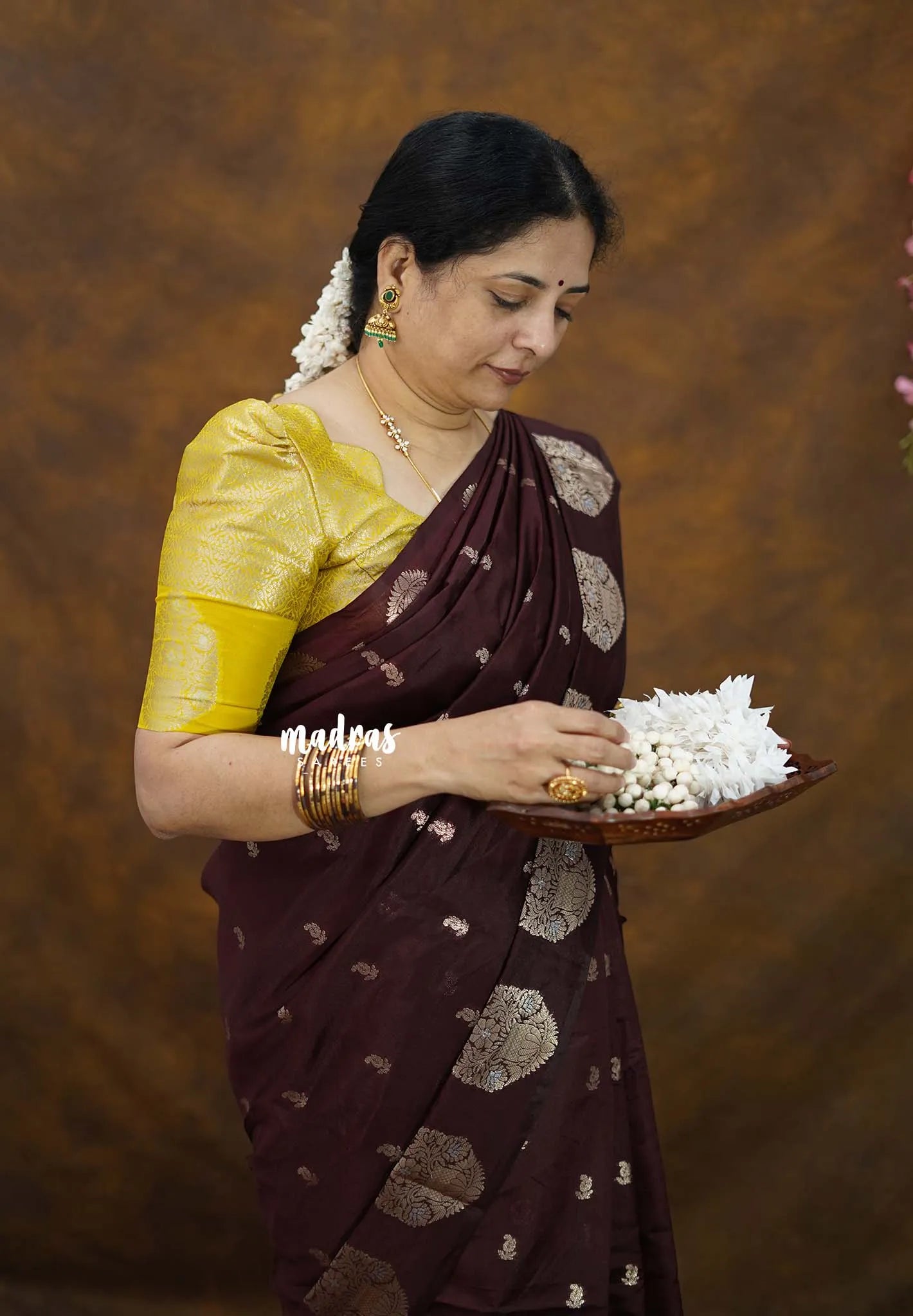 Coffee Brown - Vasantha Raagam - Banarasi mashru Silk cotton Saree with Antique Zari Border and buttas - Perfect for Wedding Wear
