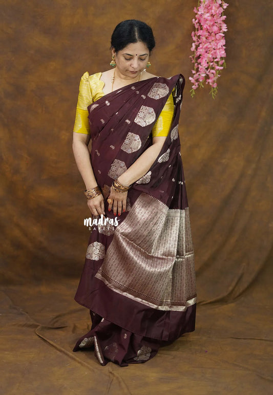 Coffee Brown - Vasantha Raagam - Banarasi mashru Silk cotton Saree with Antique Zari Border and buttas - Perfect for Wedding Wear