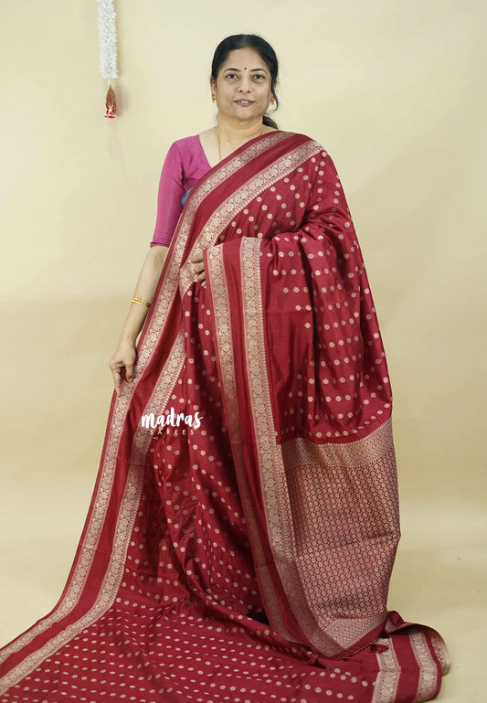 Majestic Maroon - Raaga - Raw Mango silk Cotton saree with Rettabeta Border and Buttas