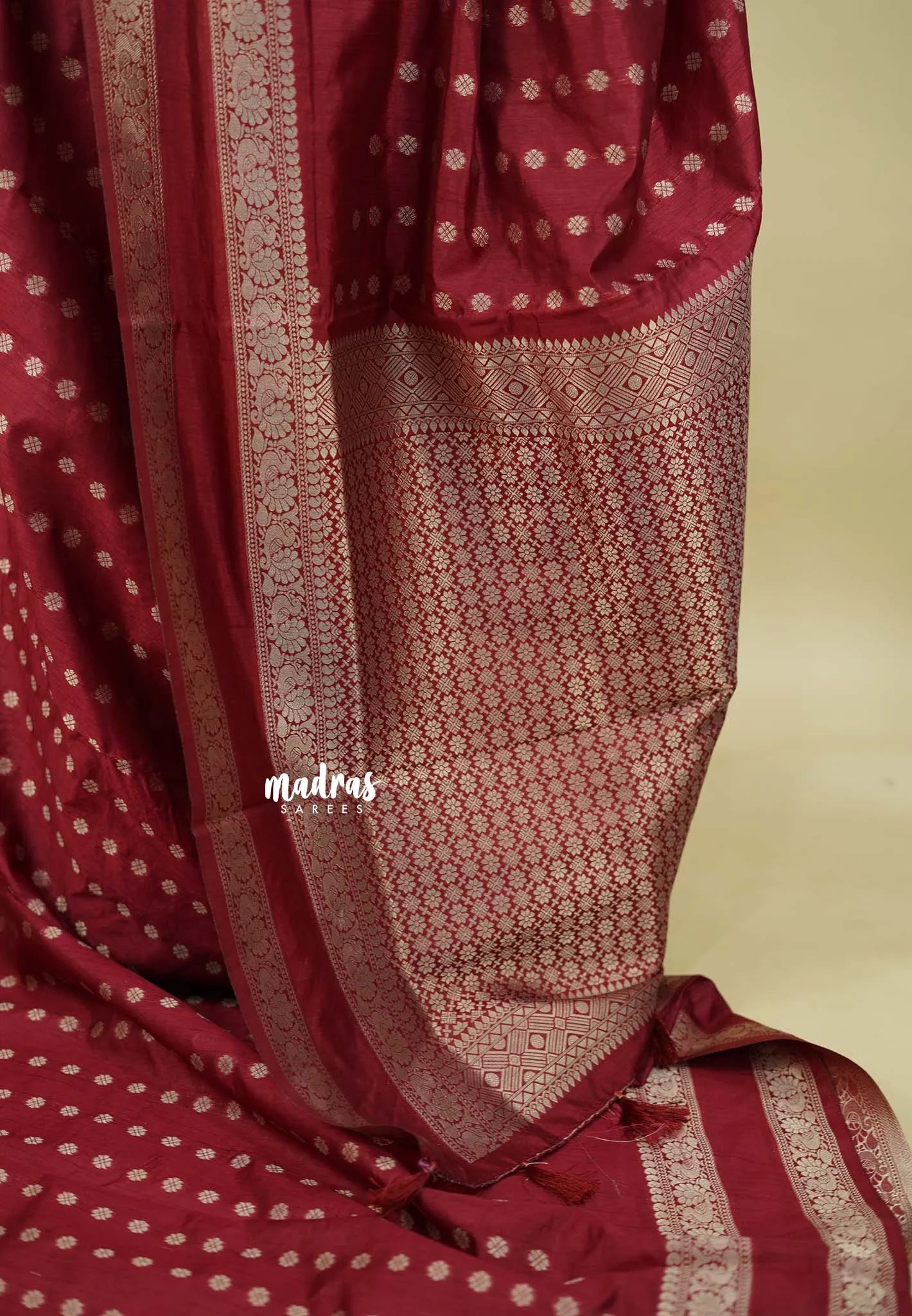 Majestic Maroon - Raaga - Raw Mango silk Cotton saree with Rettabeta Border and Buttas