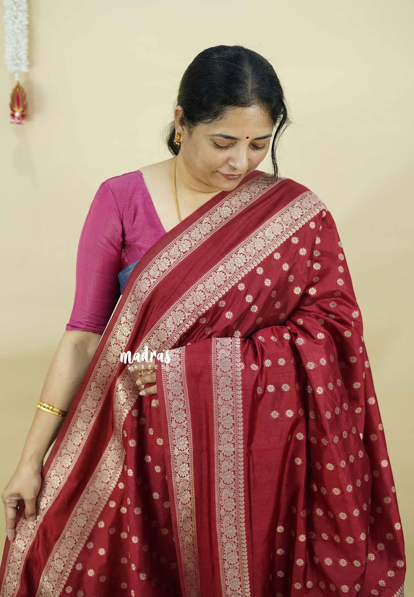 Majestic Maroon - Raaga - Raw Mango silk Cotton saree with Rettabeta Border and Buttas