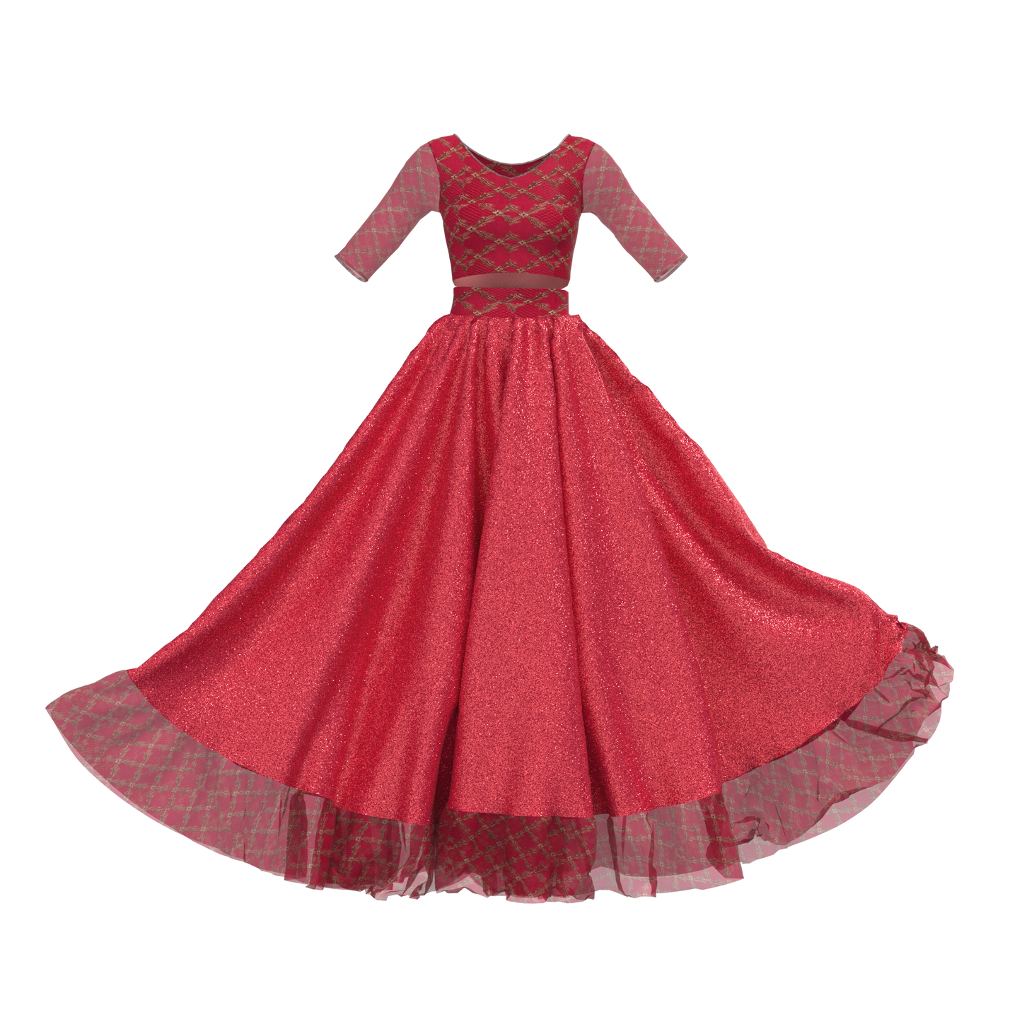 Ruffled Romance Full Flare Skirt & Netted Sleeve Lehenga Choli- CWL017 (Stitching Service)