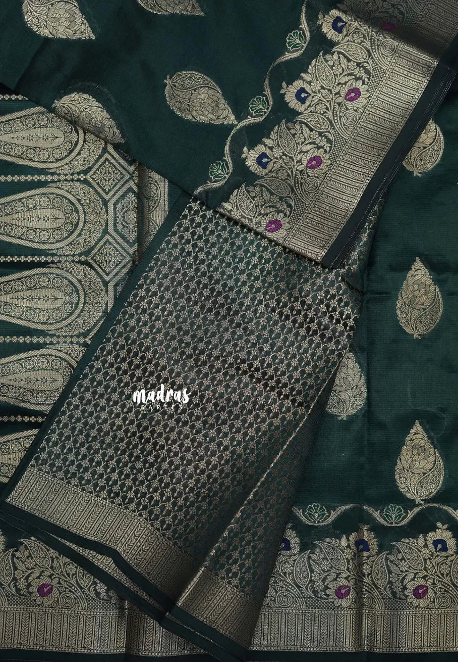 Deep Bottle Green - Durga - Banarasi Semi Dupion silk Saree with Gold Zari Buttas and Border - Best for Function Wear