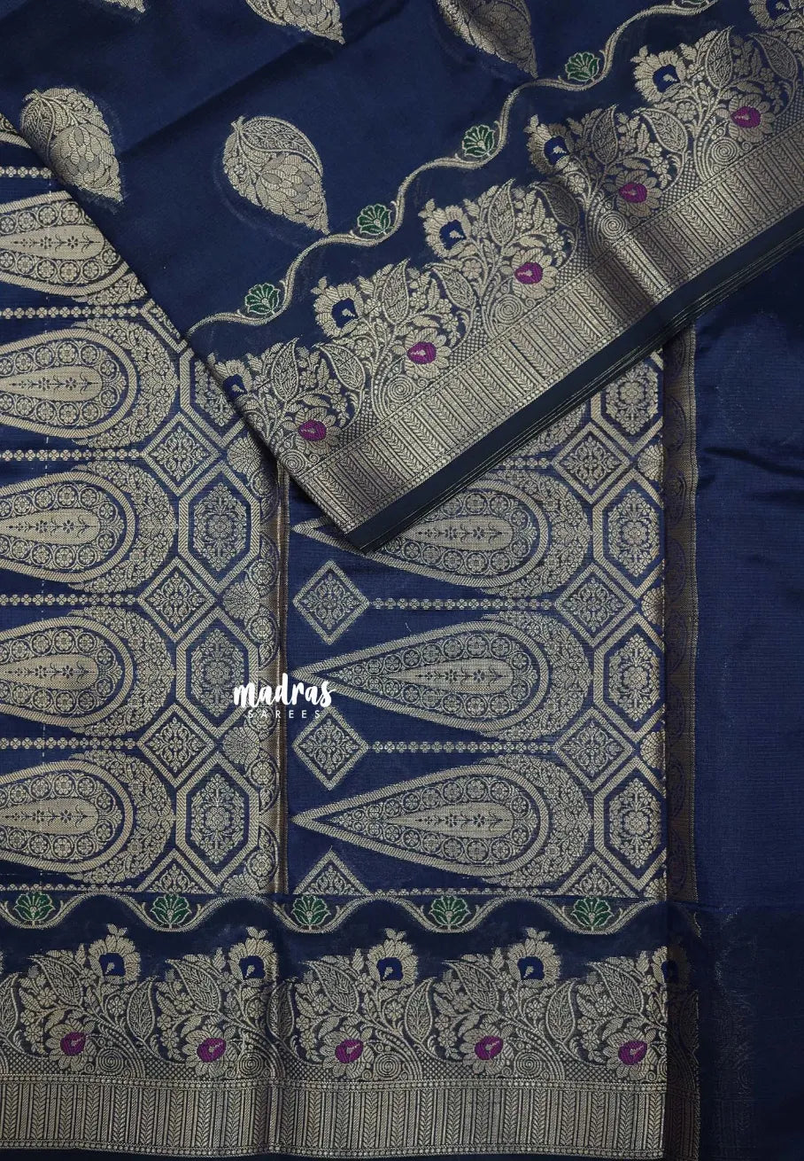 Midnight Blue - Durga - Banarasi Semi Dupion silk Saree with Gold Zari Buttas and Border - Best for Function Wear