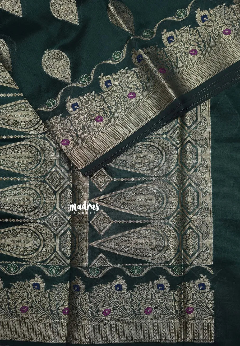 Deep Bottle Green - Durga - Banarasi Semi Dupion silk Saree with Gold Zari Buttas and Border - Best for Function Wear