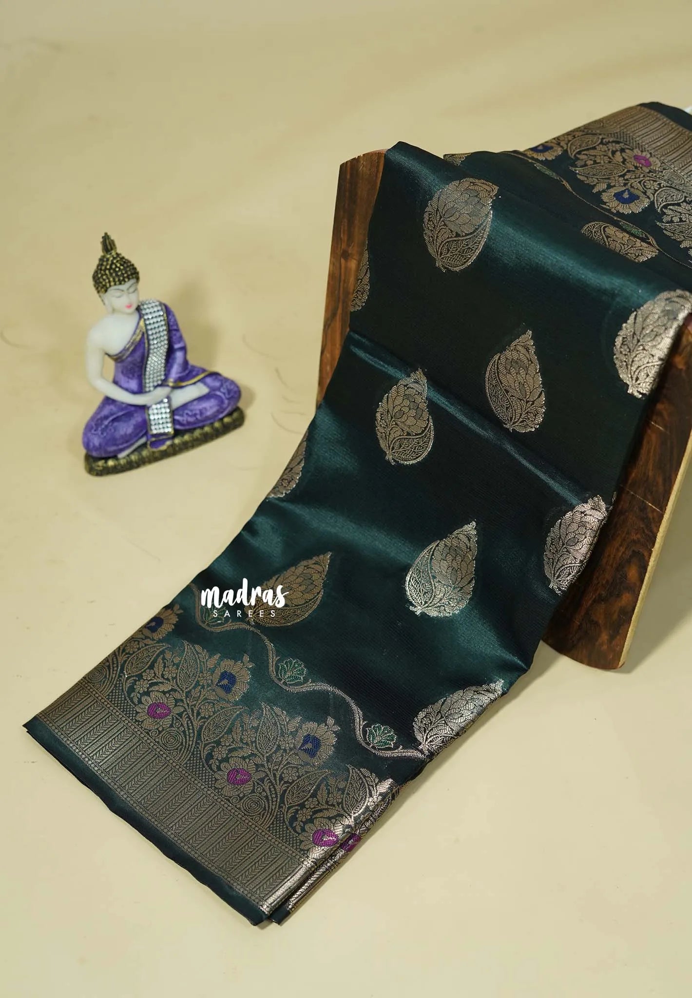 Deep Bottle Green - Durga - Banarasi Semi Dupion silk Saree with Gold Zari Buttas and Border - Best for Function Wear