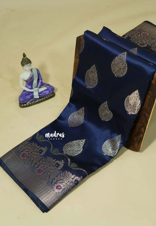 Midnight Blue - Durga - Banarasi Semi Dupion silk Saree with Gold Zari Buttas and Border - Best for Function Wear