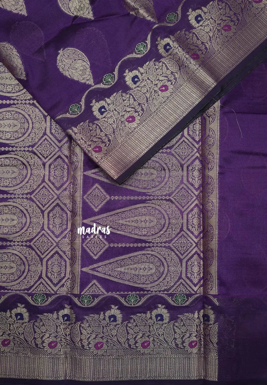 Royal Purple - Durga - Banarasi Semi Dupion silk Saree with Gold Zari Buttas and Border - Best for Function Wear