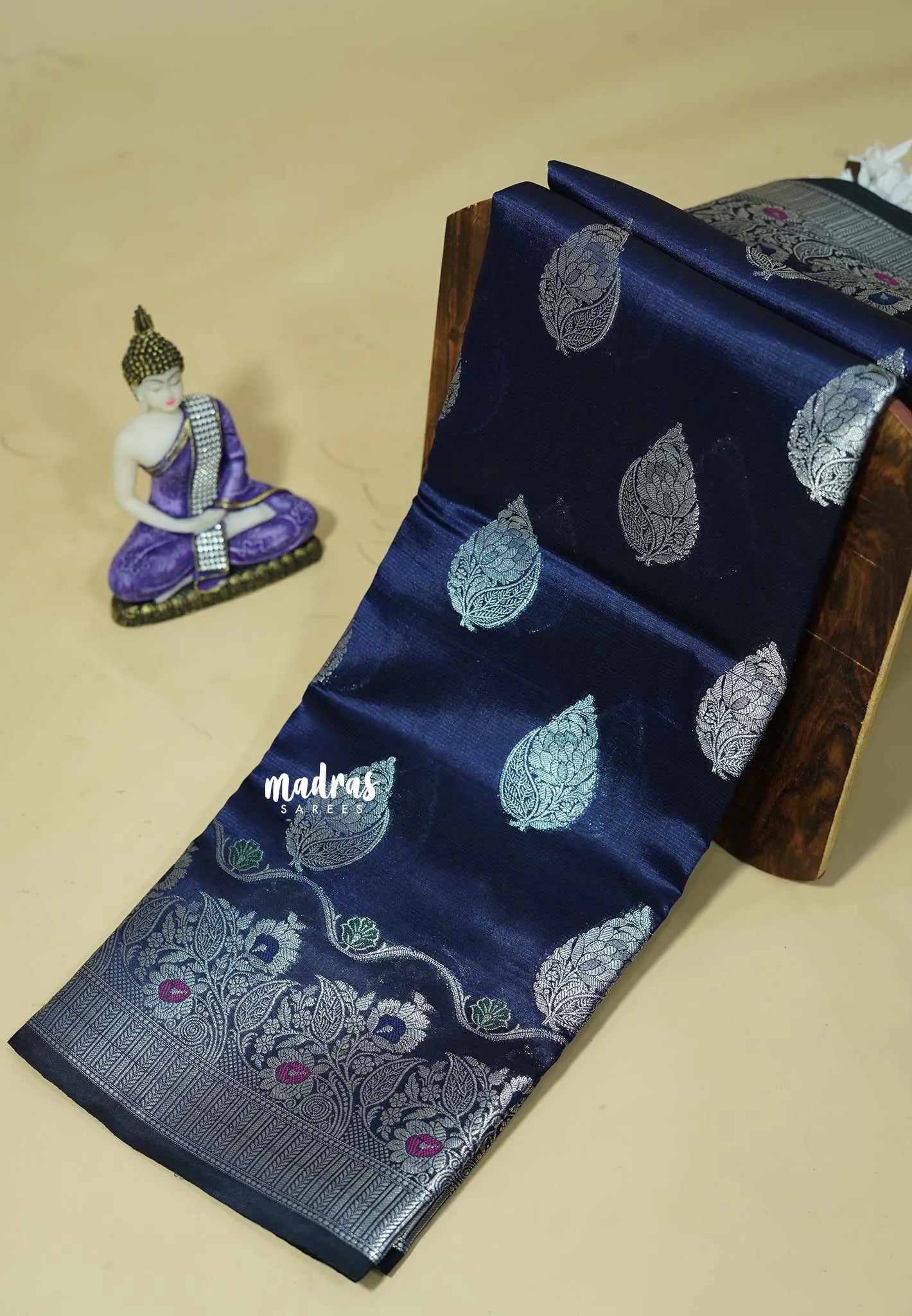 Midnight Blue - Durga - Banarasi Semi Dupion silk Saree with Silver Zari Buttas and Border - Best for Function Wear