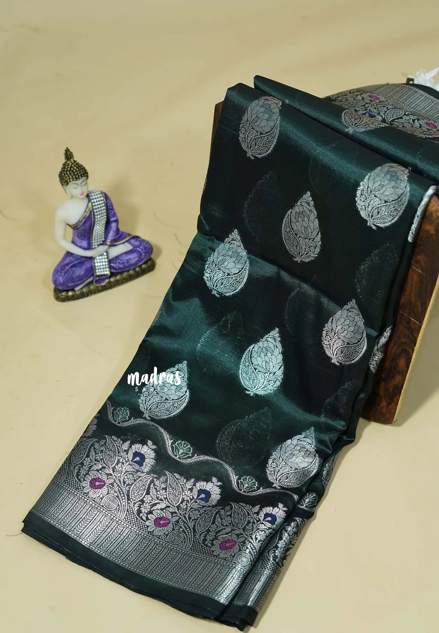 Deep Bottle Green - Durga - Banarasi Semi Dupion silk Saree with Silver Zari Buttas and Border - Best for Function Wear