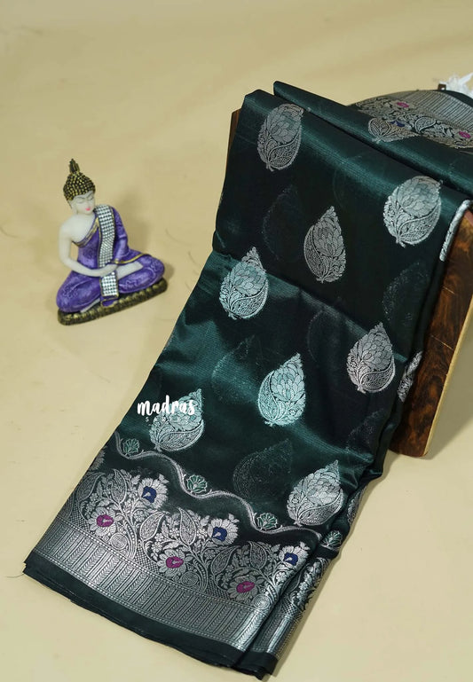 Deep Bottle Green - Durga - Banarasi Semi Dupion silk Saree with Silver Zari Buttas and Border - Best for Function Wear