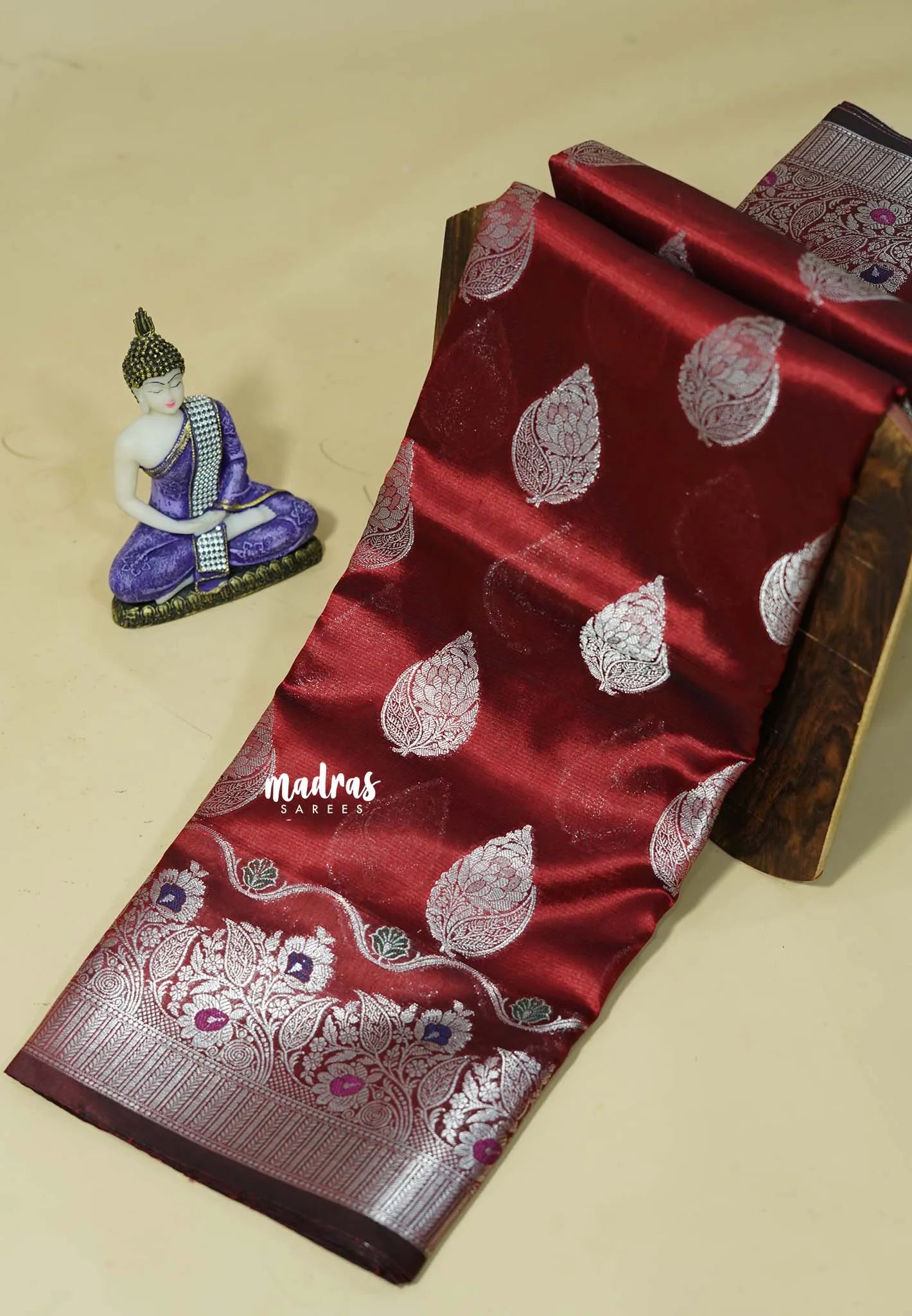 Majestic Maroon - Durga - Banarasi Semi Dupion silk Saree with Silver Zari Buttas and Border - Best for Function Wear