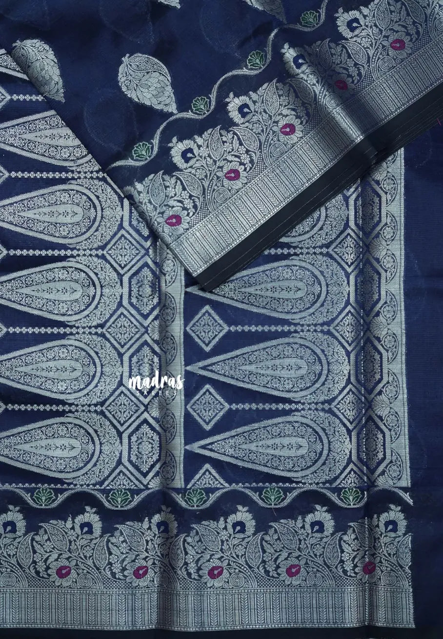 Midnight Blue - Durga - Banarasi Semi Dupion silk Saree with Silver Zari Buttas and Border - Best for Function Wear