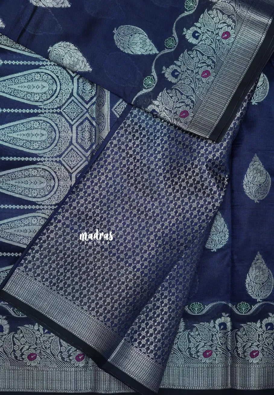 Midnight Blue - Durga - Banarasi Semi Dupion silk Saree with Silver Zari Buttas and Border - Best for Function Wear