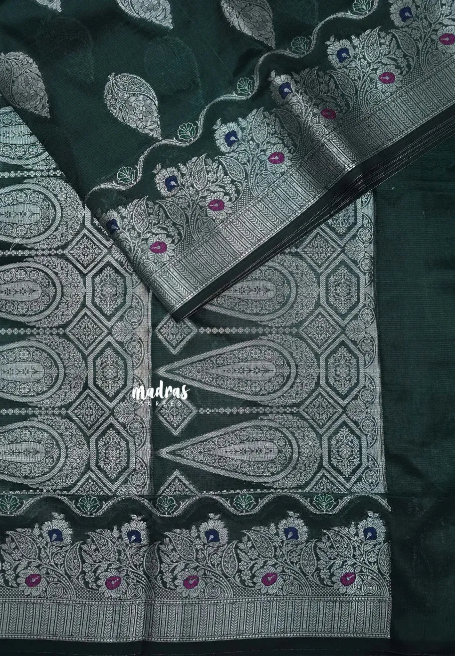 Deep Bottle Green - Durga - Banarasi Semi Dupion silk Saree with Silver Zari Buttas and Border - Best for Function Wear