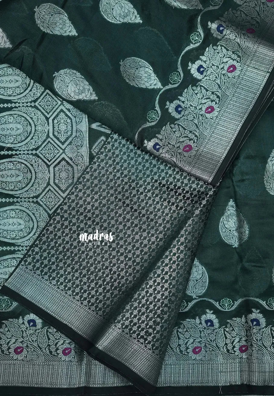 Deep Bottle Green - Durga - Banarasi Semi Dupion silk Saree with Silver Zari Buttas and Border - Best for Function Wear