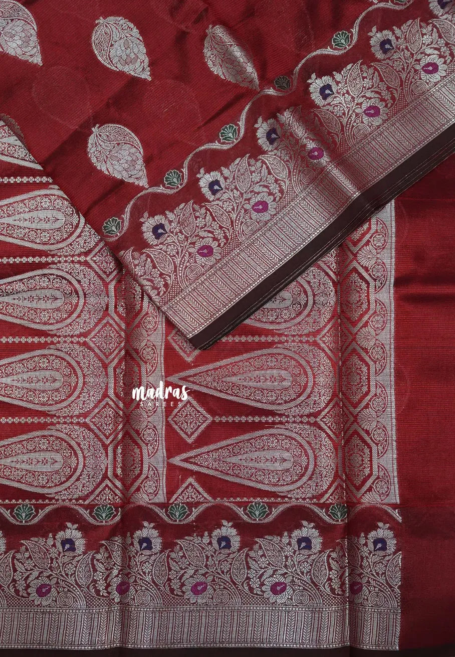 Majestic Maroon - Durga - Banarasi Semi Dupion silk Saree with Silver Zari Buttas and Border - Best for Function Wear