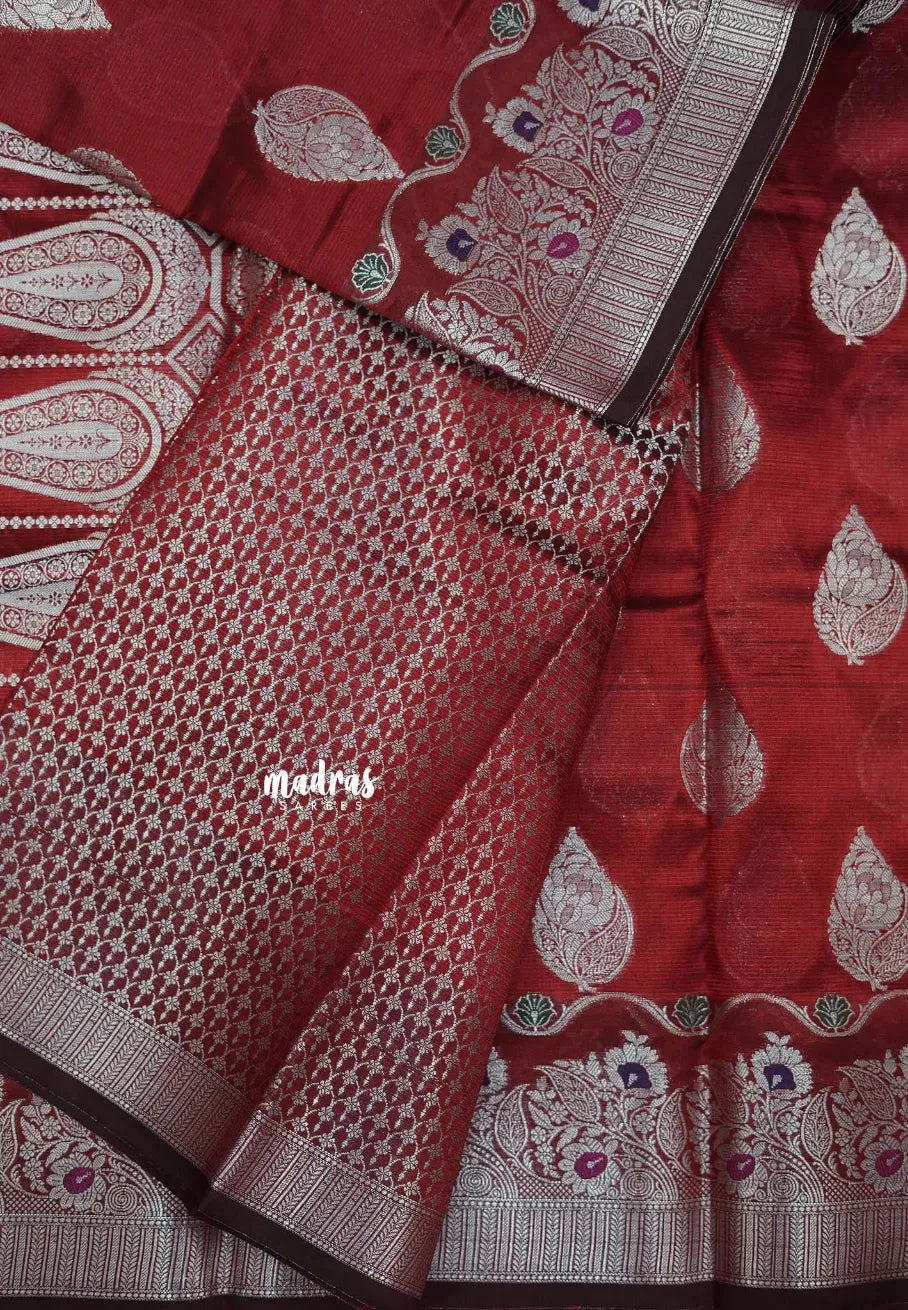 Majestic Maroon - Durga - Banarasi Semi Dupion silk Saree with Silver Zari Buttas and Border - Best for Function Wear