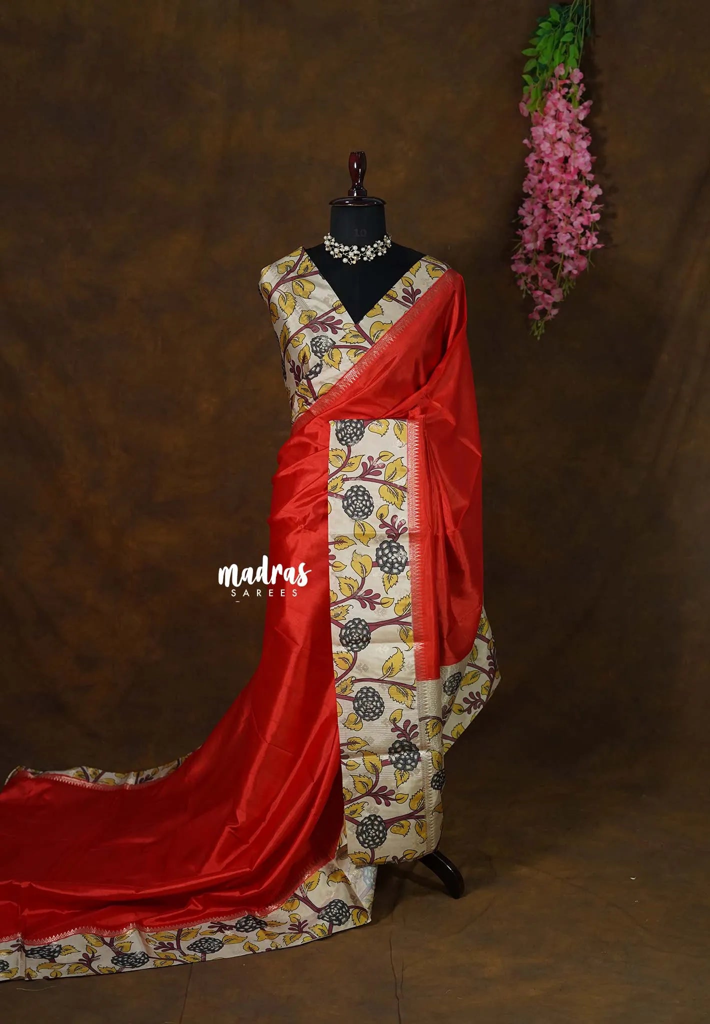 Vermilion Orange - Seetha - Soft Mangalore silk cotton floral design Saree with Border and tiny temple zari  - Best for small functions