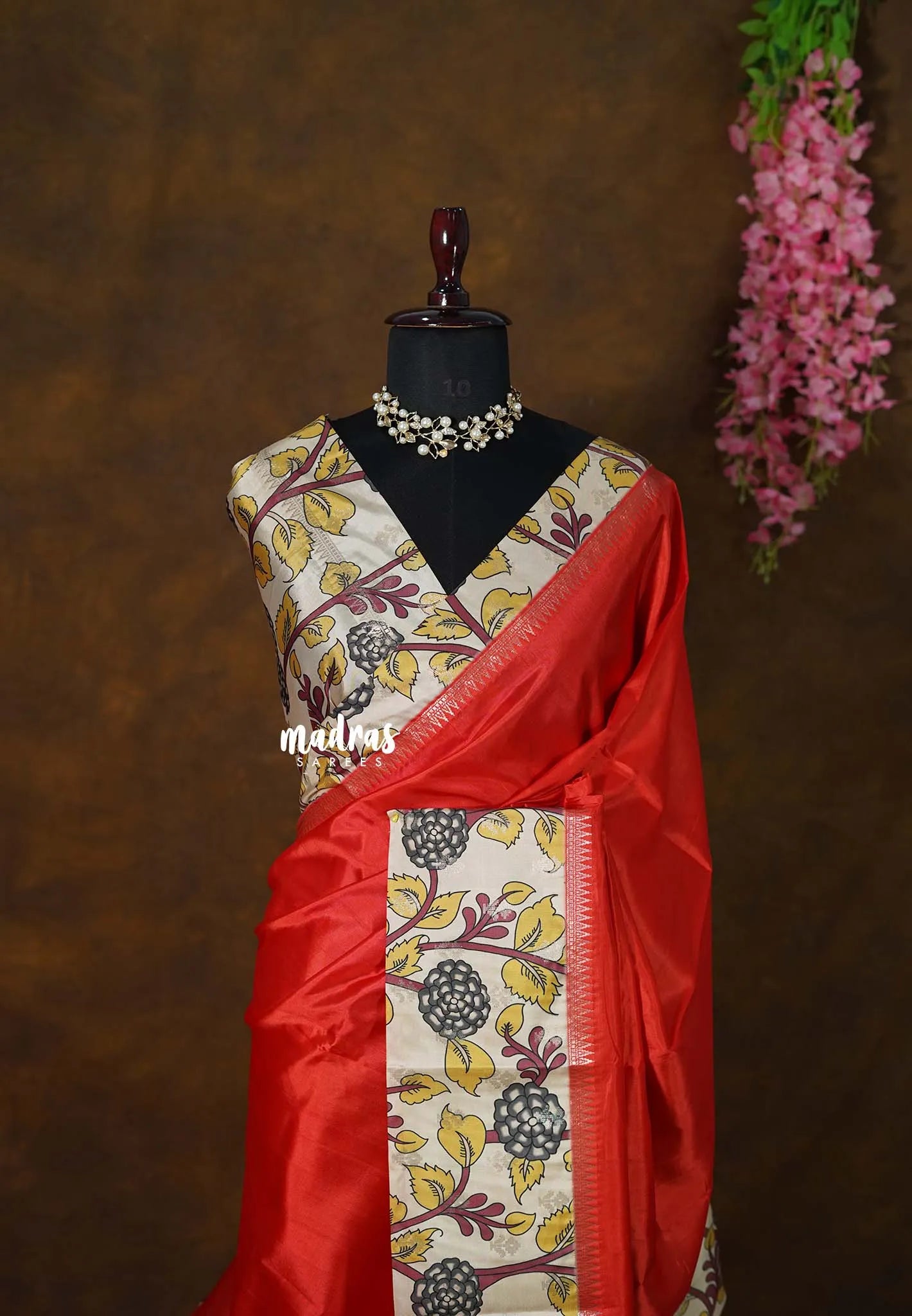 Vermilion Orange - Seetha - Soft Mangalore silk cotton floral design Saree with Border and tiny temple zari  - Best for small functions