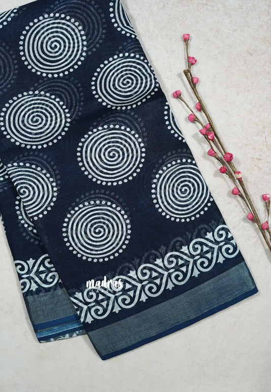 Indigo Blue - Soft linen cotton with spiral prints Saree