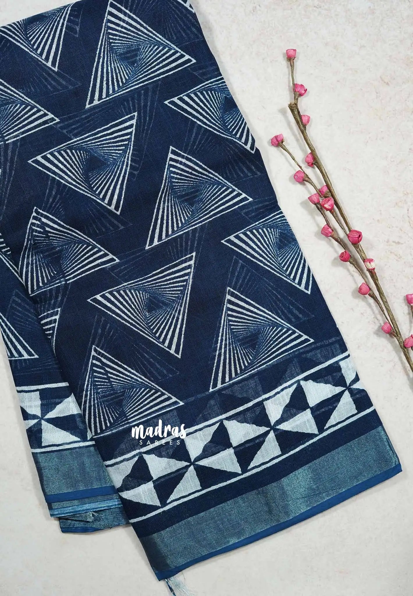 Indigo blue - Soft linen cotton with triangle prints Saree